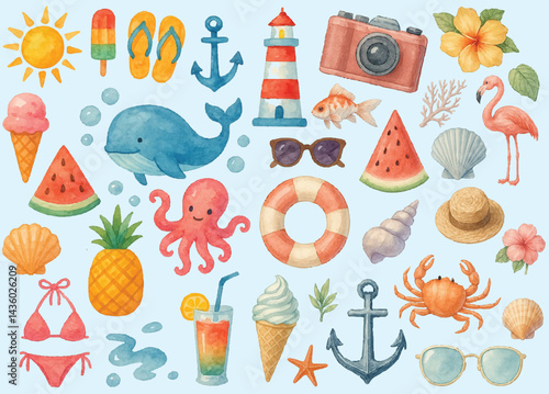A collection of hand-painted watercolor illustrations featuring summer and beach elements. Includes whale, octopus, crab, tropical fruits, ice creams, lifebuoy, anchor, lighthouse, flamingo, seashells