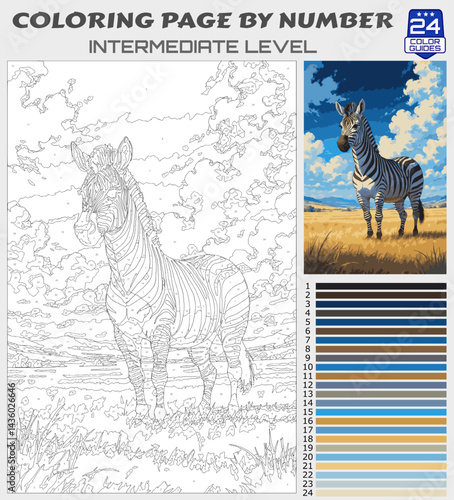 Standing Zebra in Savannah Coloring Page by Number | Printable Intermediate Nature Scene