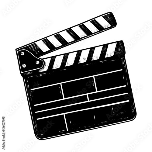 Movie clapboard sketch engraving black and white outline. Scratch board imitation.