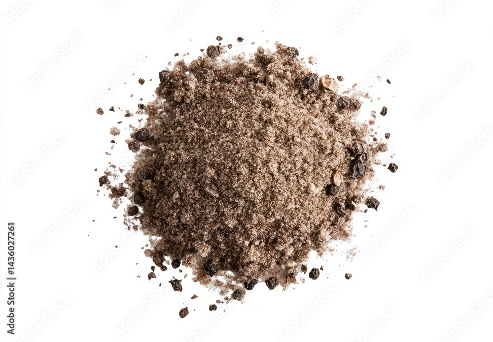 Ground spice blend, likely pepper and salt. A mound of finely ground, dark brown spice, likely a blend of pepper and salt, with visible peppercorns scattered around the top Ground spice blend, likely pepper and salt. A mound of finely ground, dark brown spice, likely a blend of pepper and salt, with visible peppercorns scattered around the top