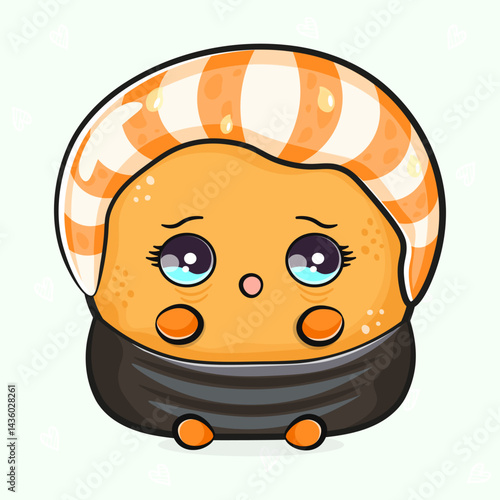 An adorable cartoon Sushi roll with big, watery eyes expressing sadness, rendered in a charming style.