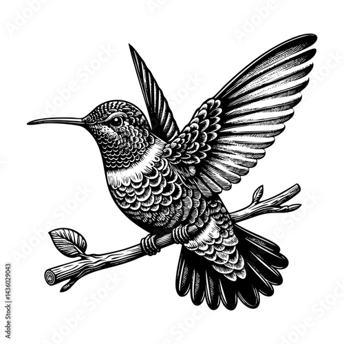 Hummingbird engraving black and white outline. Scratch board imitation.  illustrated in vintage line art style on a white background.