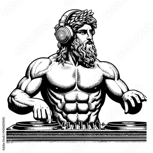 Greek god dj sketch engraving black and white outline. Scratch board imitation.  illustrated in vintage line art style on a white background.