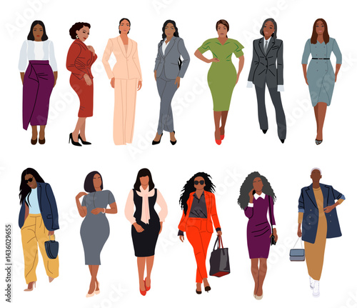 Modern black women set. African American girls standing in fashion casual, formal office outfits - suit, dress, skirt. Stylish ladies in business look. Flat vector realistic illustrations isolated