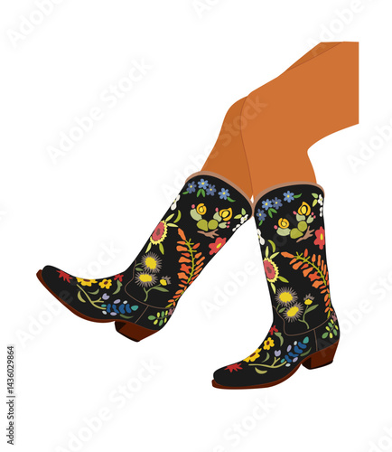 Female legs wearing fashionable cowgirl boots. Traditional western cowboy boots decorated with embroidered wild west floral ornament. Realistic vector illustration isolated on transparent background