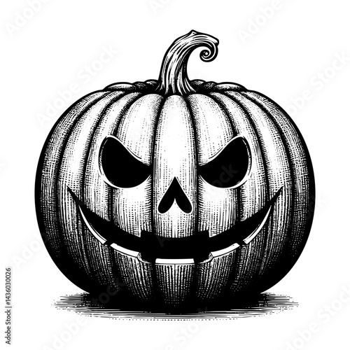 jack o lantern pumpkin sketch engraving black and white outline. Scratch board imitation.  illustrated in vintage line art style on a white background.
