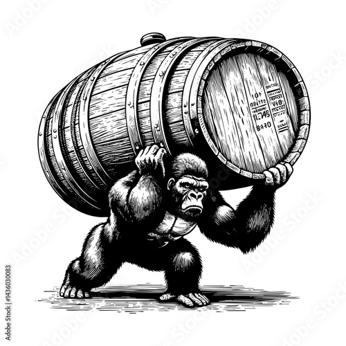 Gorilla carrying wooden barrel sketch engraving black and white outline. Scratch board imitation.