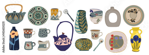 Beautiful handmade ceramics flat vector illustration. Decorative tableware isolated on transparent background. Kitchen utensils and dinnerware. Restaurant faience.