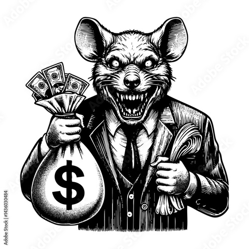 Scary mouse holding sack of money engraving sketch engraving black and white outline. Scratch board imitation.  illustrated in vintage line art style on a white background.