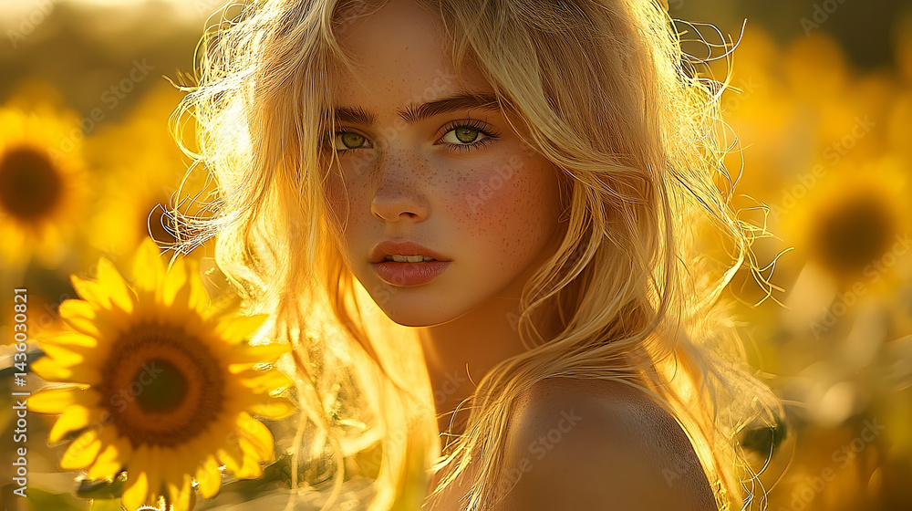 Fototapeta premium Golden hour portrait of a young woman amongst sunflowers.