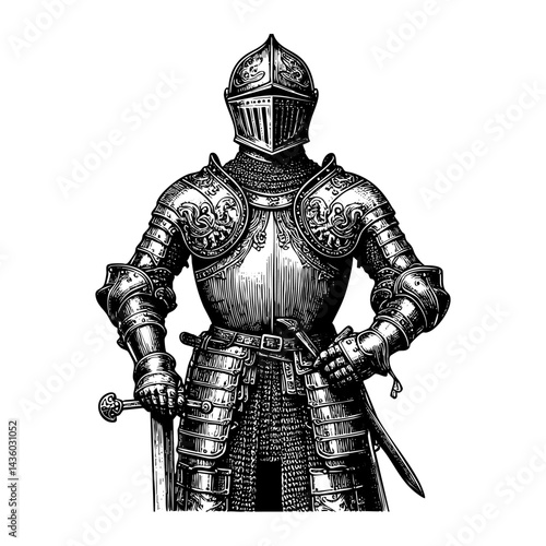 Knight armor engraving black and white outline. Scratch board imitation.  illustrated in vintage line art style on a white background.