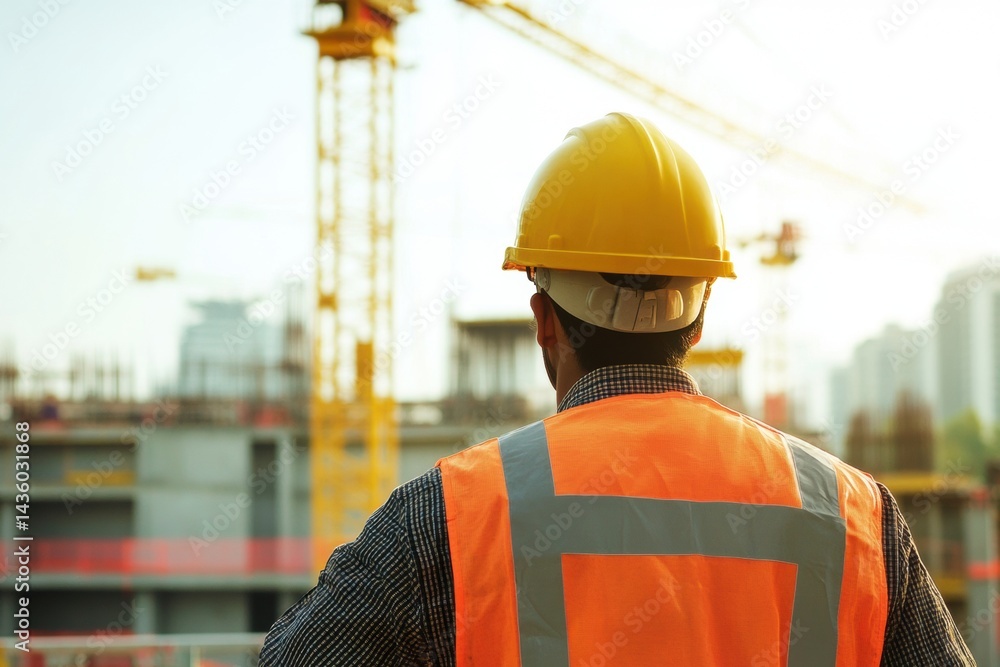 Builder in a hardhat standing back to camera, looking at the building site. Professional architect with protective helmet and orange vest on a house construction site. Construction worker engineer Builder in a hardhat standing back to camera, looking at the building site. Professional architect with protective helmet and orange vest on a house construction site. Construction worker engineer
