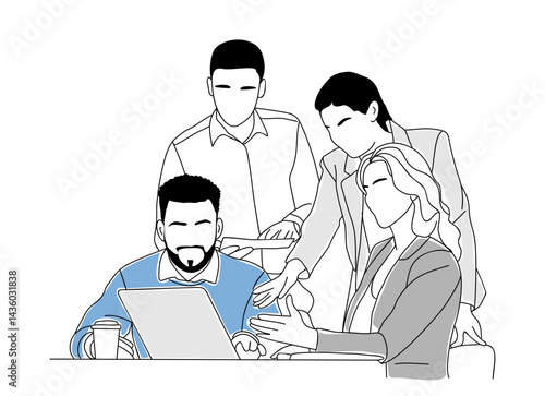 Business people sitting at desk with laptop in office. Productive teamwork business concept. vector hand drawn illustration isolated on white background