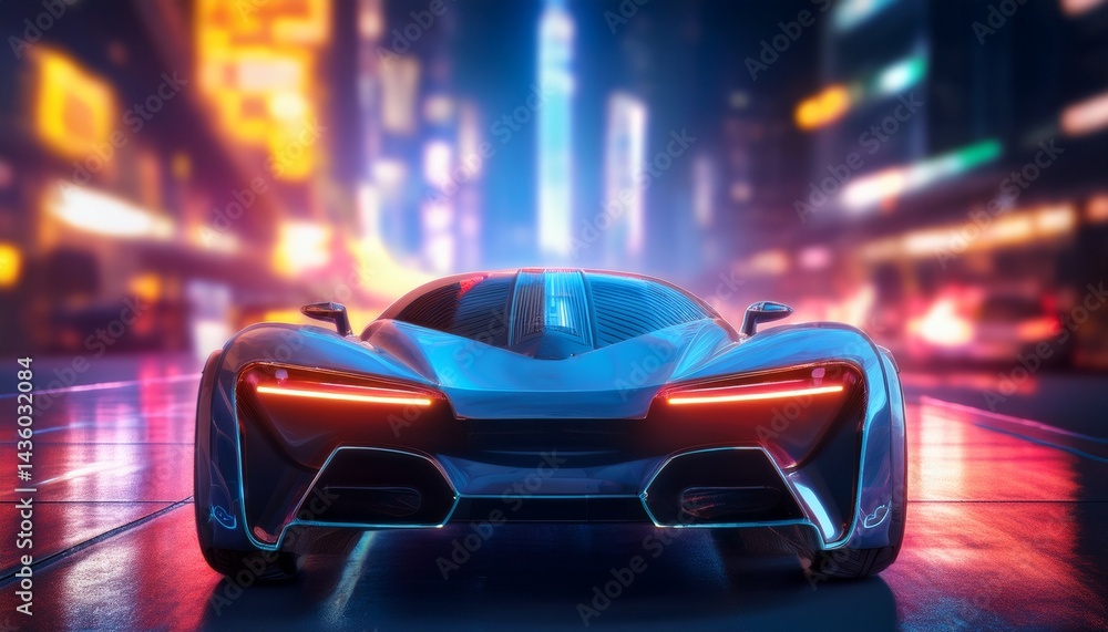 Naklejka premium Futuristic Electric Sports Car Night Cityscape Drive