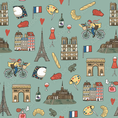 Paris France vector illustrations seamless pattern