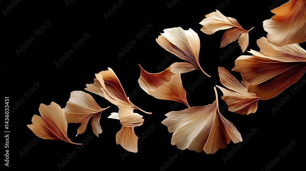 Elegant Brown Ginkgo Leaves Flowing on Black Background