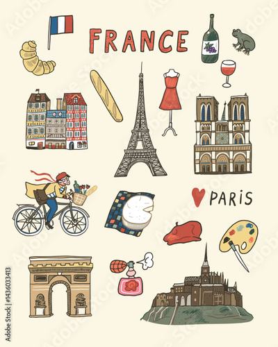 Paris France vector illustrations set