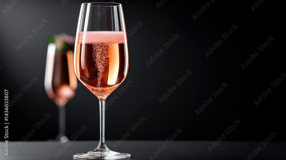 Elegant Champagne Glass with Bubbly Rose Drink on Black Background