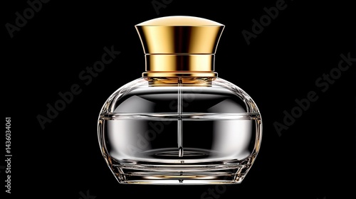 Obraz na płótnie Elegant Clear Glass Perfume Bottle with Gold Cap on Black Background w salonie