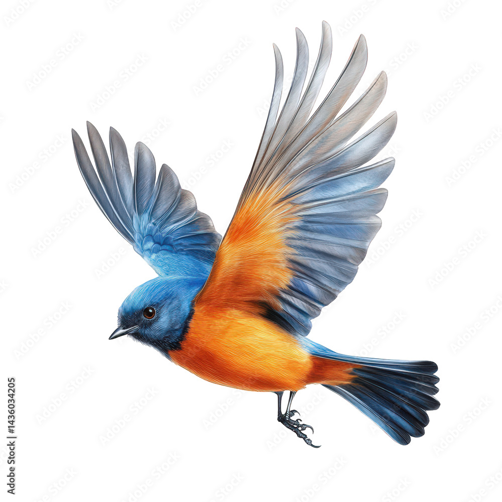 Fototapeta premium vividly colored bird in mid-flight. showcasing its vibrant blue and orange plumage with detailed feather textures the bird's wings are spread wide. emphasizing its graceful movement and beauty in natu