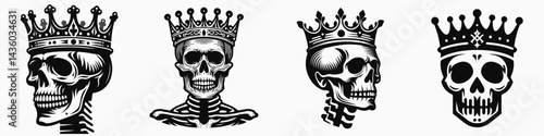 skeleton head with crown. Silhouette logo animal mascot. Bony cranial icon regal circlet royal cranium insignia macabre theme.