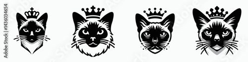 Siamese Cat head with crown. Silhouette logo animal mascot. Regal feline visage adorning a royal diadem oriental breed noble pet portrait.