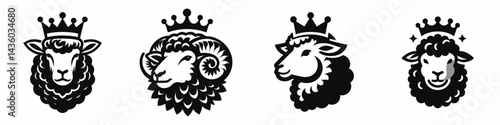 Sheep head with crown. Silhouette logo animal mascot. Ram portrait diadem heraldic emblem horned headwear regal symbol.