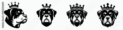 Rottweiler Dog head with crown. Silhouette logo animal mascot. Canine guardian visage adorned regal coronet portrait authority.