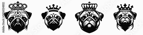 Pug Dog head with crown. Silhouette logo animal mascot. Canine portrait tiara a royal pet visage regal doggy face.