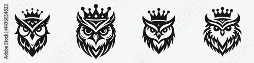 Owl head with crown. Silhouette logo animal mascot. Regal avian visage symbolic diadem majestic bird front royal headgear design.
