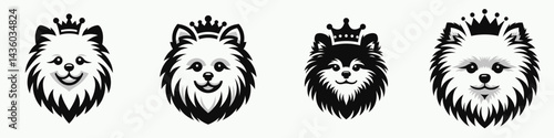 Pomeranian Dog head with crown. Silhouette logo animal mascot. Canine face coronet regal spitz cranium royal domestic pet adornment.