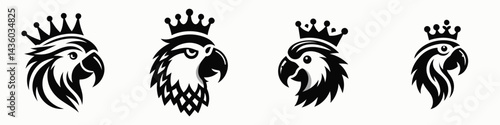 Parrot head with crown. Silhouette logo animal mascot. Tropical bird regal headwear avian royalty exotic plumage design.