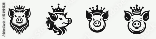 Pig head with crown. Silhouette logo animal mascot. Swine visage adorned in regal diadem porkers cranium kingdom symbol design.