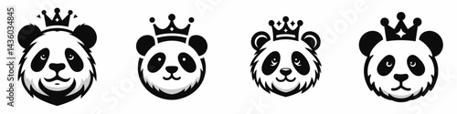 Panda head with crown. Silhouette logo animal mascot. Royal bear visage symbolic diadem wildlife depiction regal portraiture.
