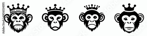 Monkey head with crown. Silhouette logo animal mascot. Simian cranium diadem primate adorned regal ape face art.