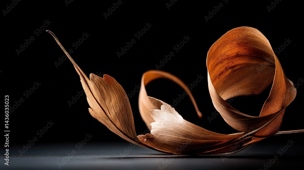Elegant Curved Dried Leaf in Soft Natural Light on Dark Background
