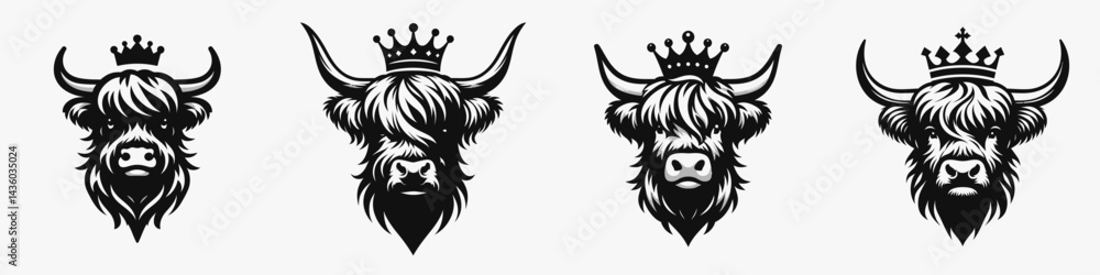 Obraz premium Highland Cow head with crown. Silhouette logo animal mascot. Regal bovine face diadem scottish cattle portrait rustic farm decor.