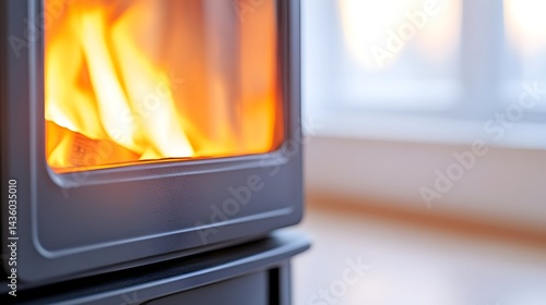 A modern, dark gray wood-burning stove with vibrant flames visible through its glass front, set against a softly blurred, bright interior background