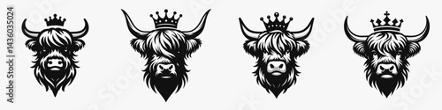 Highland Cow head with crown. Silhouette logo animal mascot. Regal bovine face diadem scottish cattle portrait rustic farm decor.