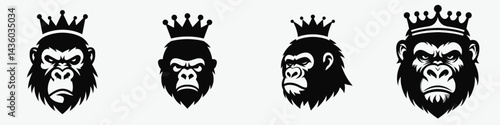 Gorilla head with crown. Silhouette logo animal mascot. Primate visage topped by regal diadem a symbol of jungle royalty concept.