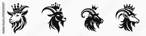 Goat head with crown. Silhouette logo animal mascot. Regal caprine visage a majestic icon diadem for apparel design.