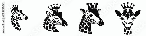 Giraffe head with crown. Silhouette logo animal mascot. Regal visage adorned by coronet a majestic mammal portrait illustration.