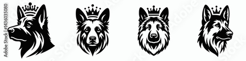 German Shepherd Dog head with crown. Silhouette logo animal mascot. Canine sovereign portrait royal adornment.