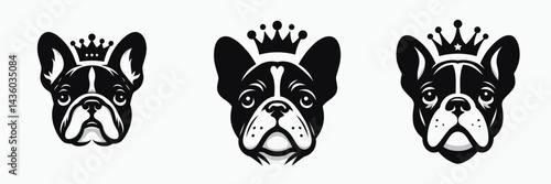 French Bulldog head with crown. Silhouette logo animal mascot. Canine portrait diadem breed regal adornment royal.