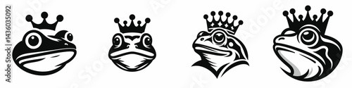 Frog head with crown. Silhouette logo animal mascot. Amphibian visage adorned royal headpiece a regal symbol for unique decor.
