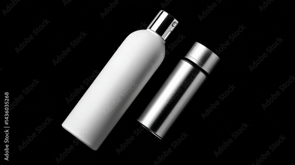 Elegant Design of Modern White and Silver Bottles on Black Background