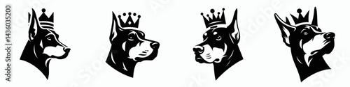 Doberman Pinscher Dog head with crown. Silhouette logo animal mascot. Canine portrait regal coronet visage diadem pet.