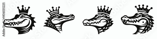 Crocodile head with crown. Silhouette logo animal mascot. Reptilian cranium wearing regal diadem royal alligator visage emblem.