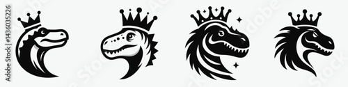 Dinosaur head with crown. Silhouette logo animal mascot. Prehistoric reptile cranium adorned by royal diadem ancient kingly decoration.