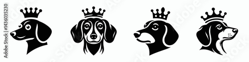 Dachshund Dog head with crown. Silhouette logo animal mascot. Wiener canine visage adorned by royal headgear a regal pet portraiture.